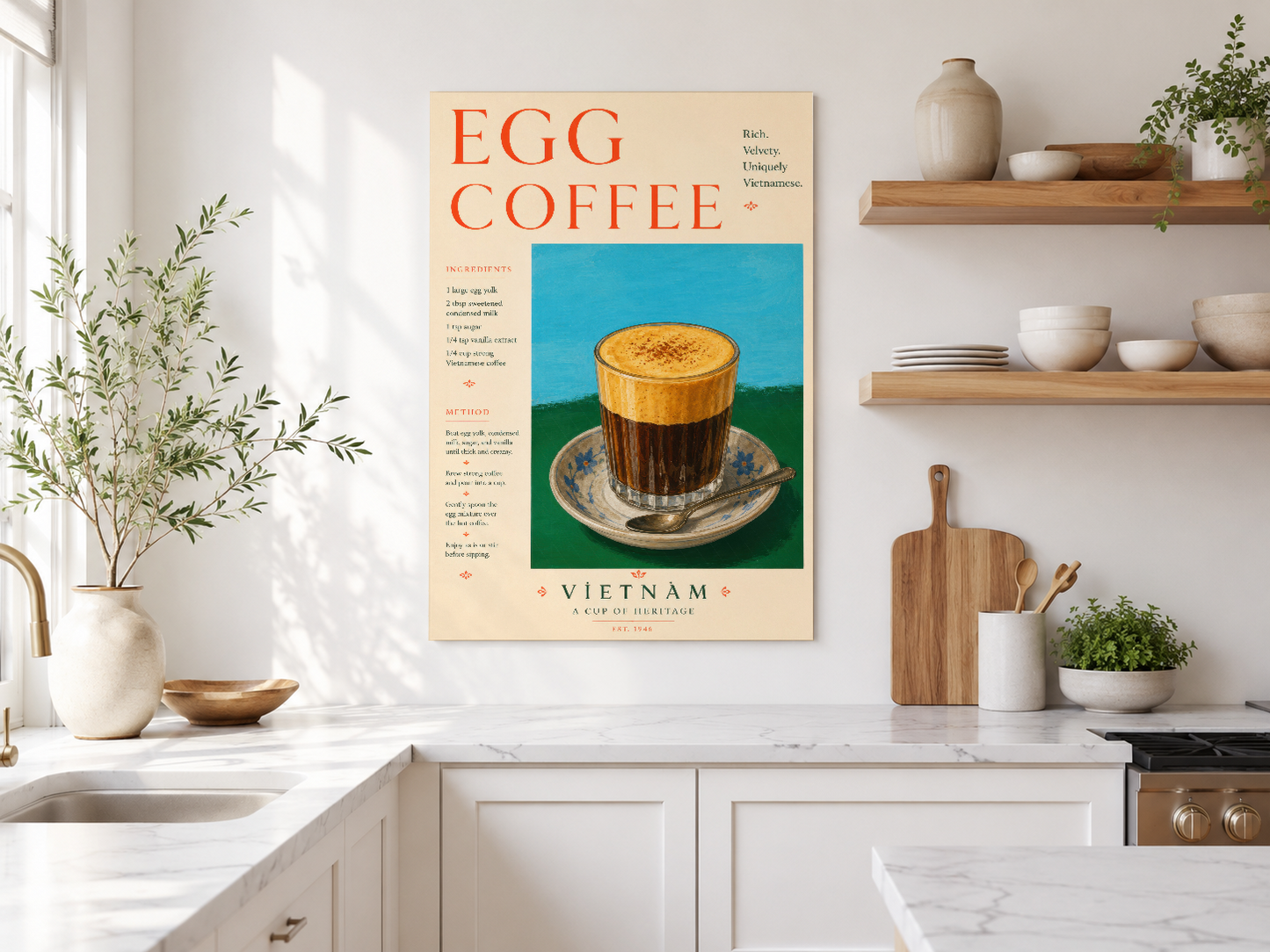 Cream renkli Egg Coffee tablosu, doğal ışıkta asılı, beyaz mutfak duvarında retro estetik.