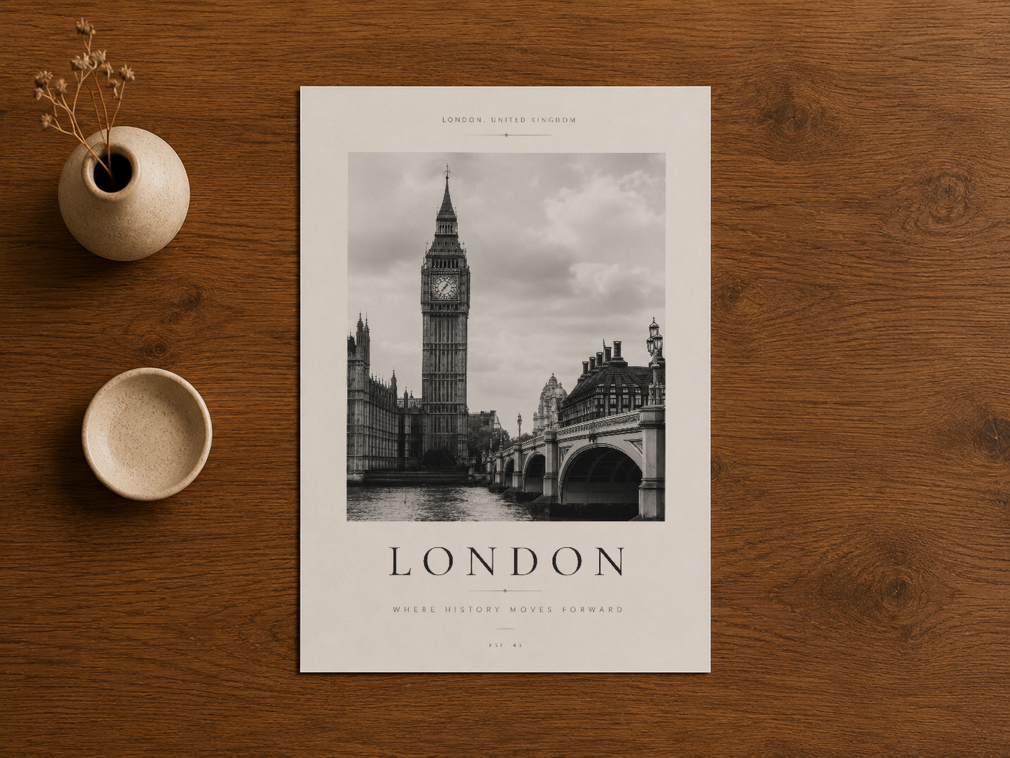 Ahşap yüzeyde sergilenen London posteri, siyah beyaz fotoğrafik stil ve basit tipografi.