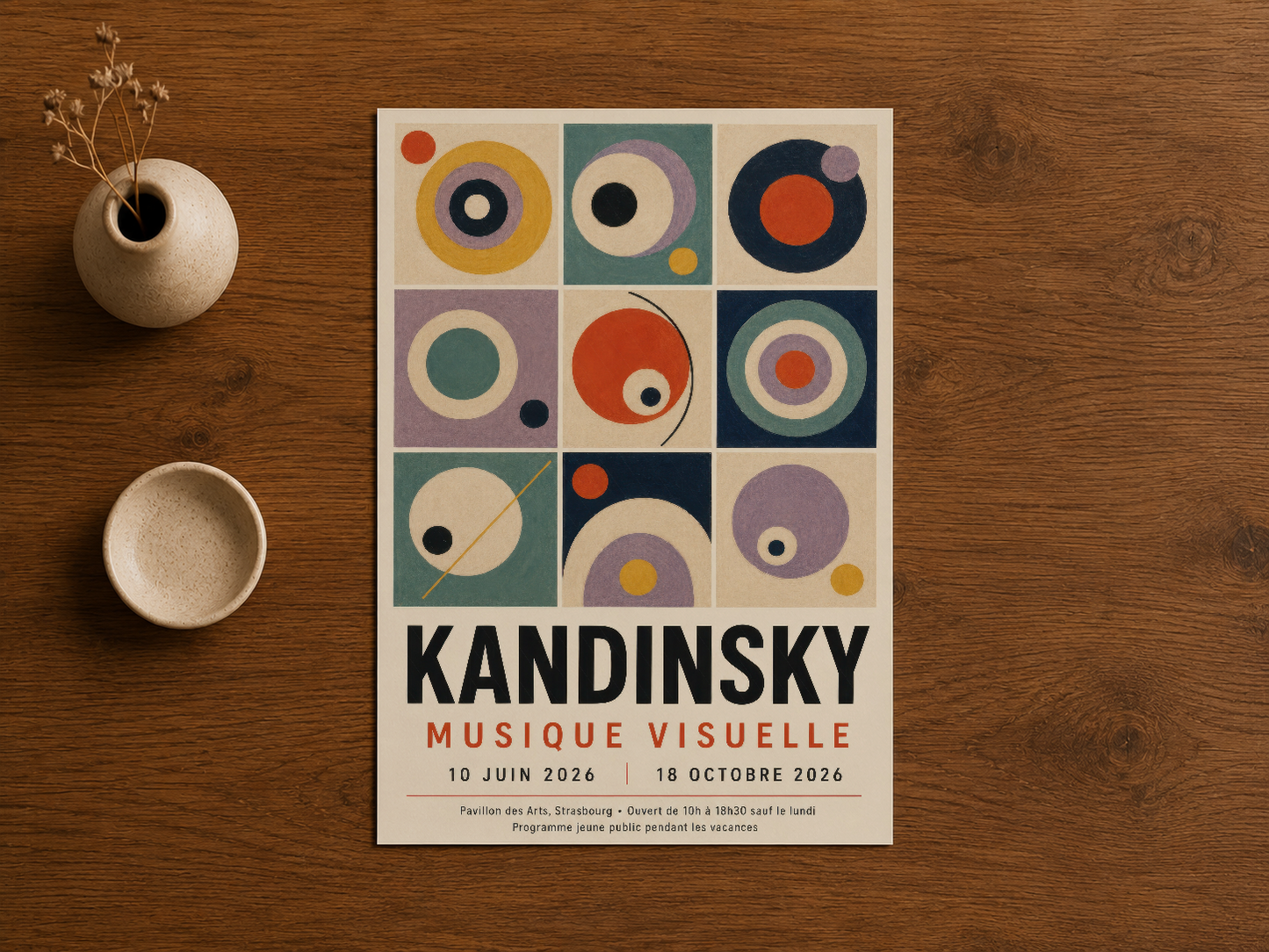Kandinsky Musique Visuelle poster, ahşap zemin üzerinde, retro ressam sergi tasarımı, soyut sıcak ve soğuk renkler harmonyası