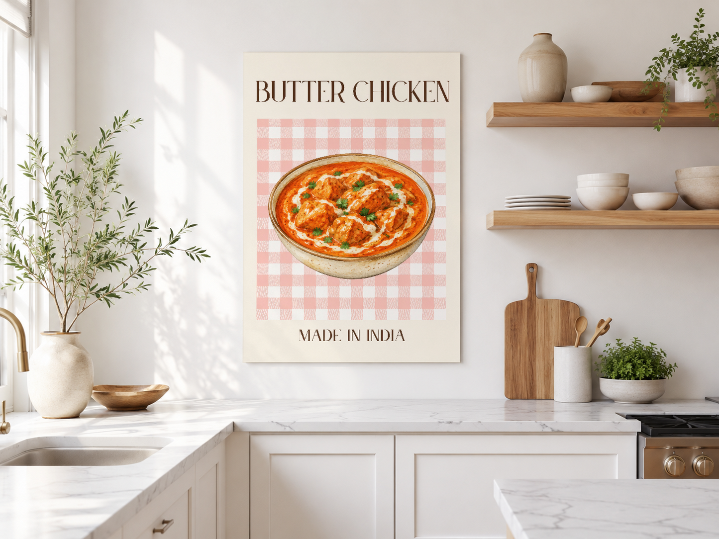 Açık ahşap dönem mutfak tasarımında, Butter Chicken posteri ışık alan duvar dekorasyonunu tamamlıyor.