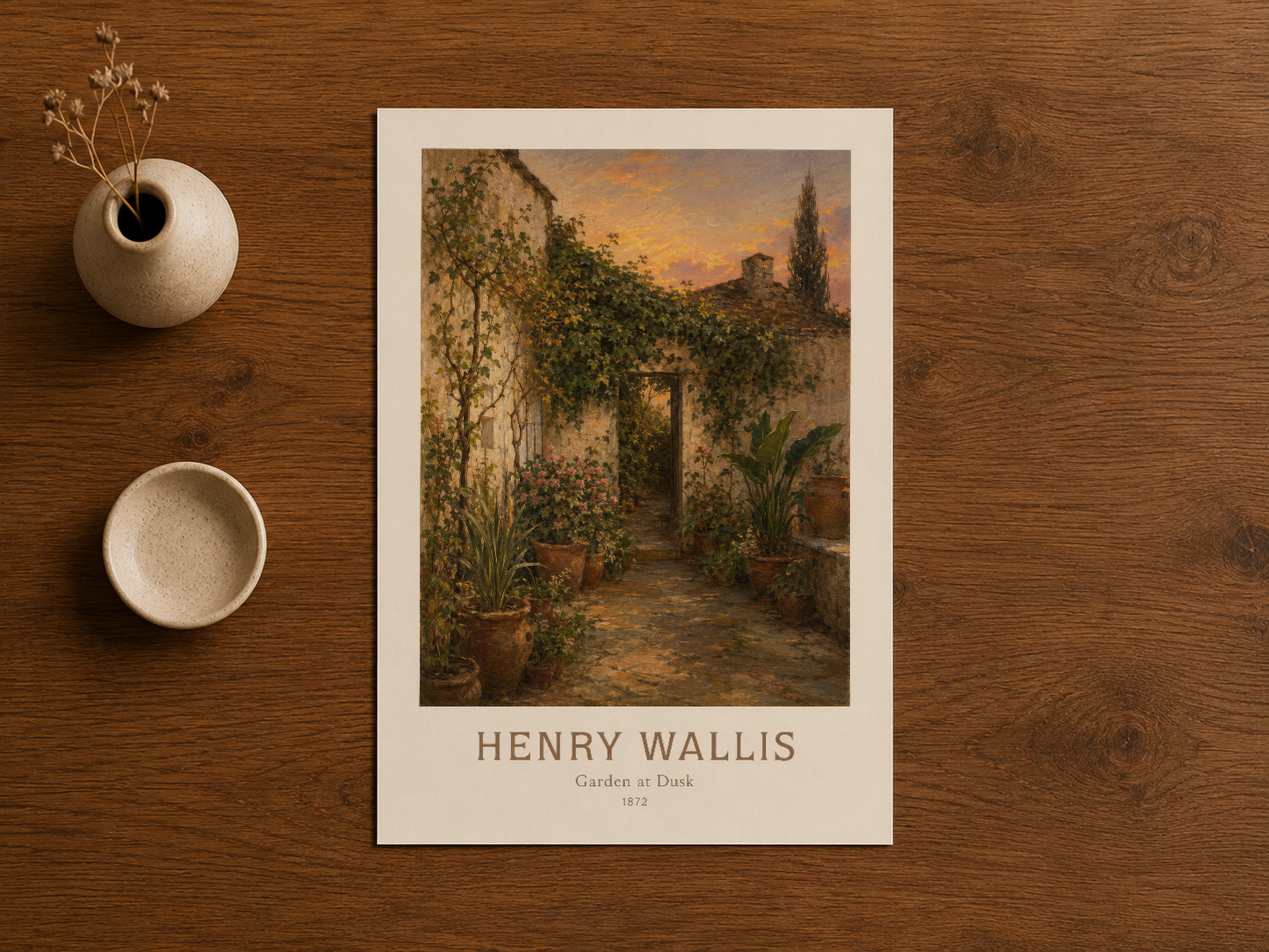 Sıcak tonları ve İtalyan bahçe atmosferi yansıtan Henry Wallis imzalı duvar tablosu, ahşap zemin üstünde.