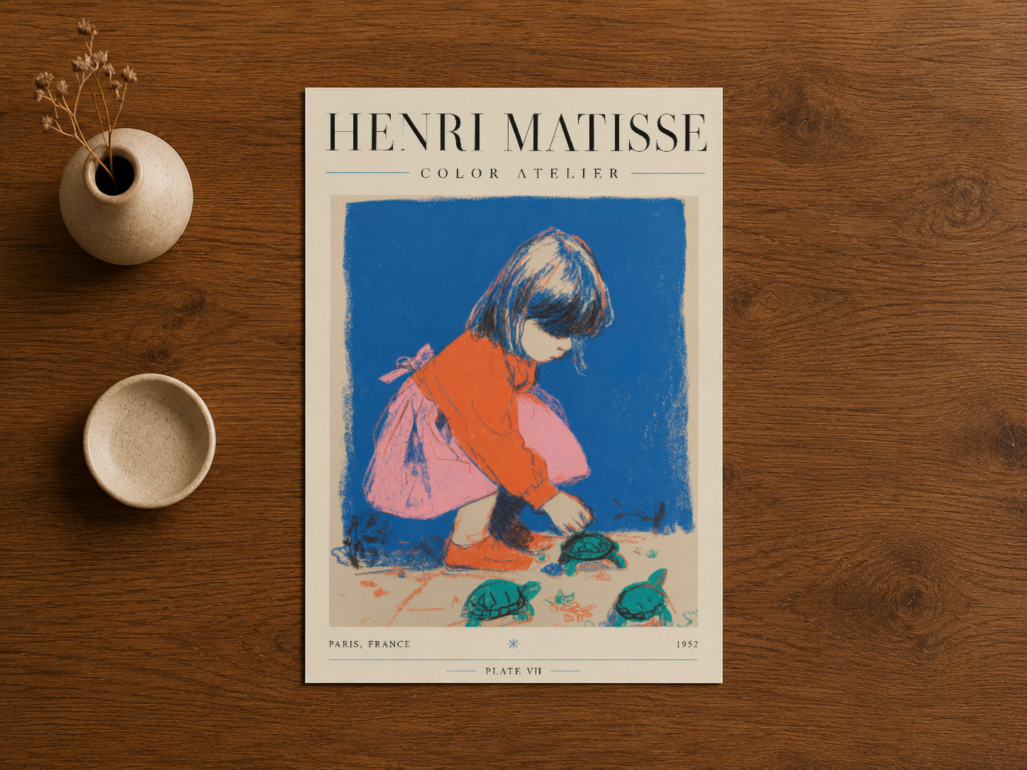Matisse Color Atelier baskı, ahşap zemin üzerinde doğal ışık altında parlayan canlı renkler ve ayakkabı çizimleriyle