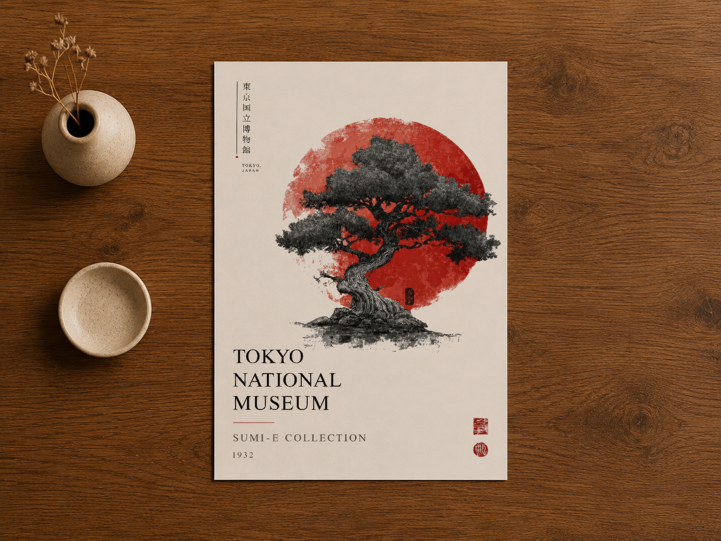 Tokyo National Museum resmi koleksiyonundan ağaç tasarımı, ahşap masanın üstünde seramik aksesuarlarla