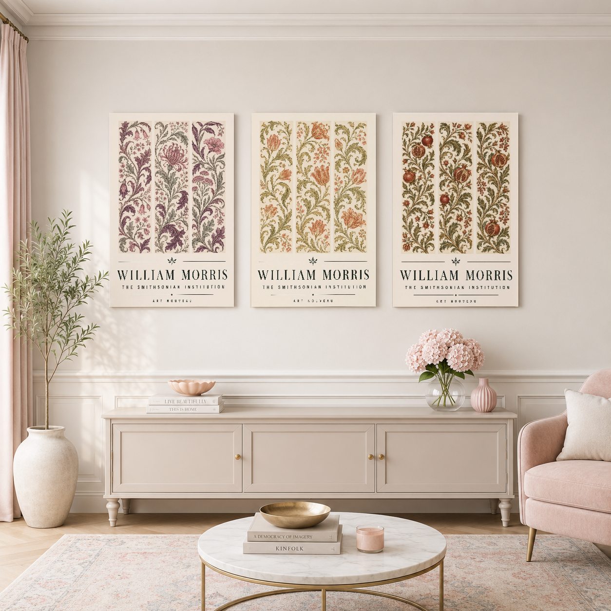 William Morris botanik desenli üç adet poster, klasik ve zarif yaşam alanında gösterişli şekilde asılı.