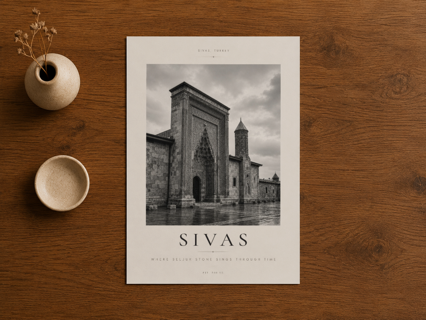 Sivas Türkiye duvar tablosu, ahşap masa üzerinde sanat baskısı ve dekor nesneleri.