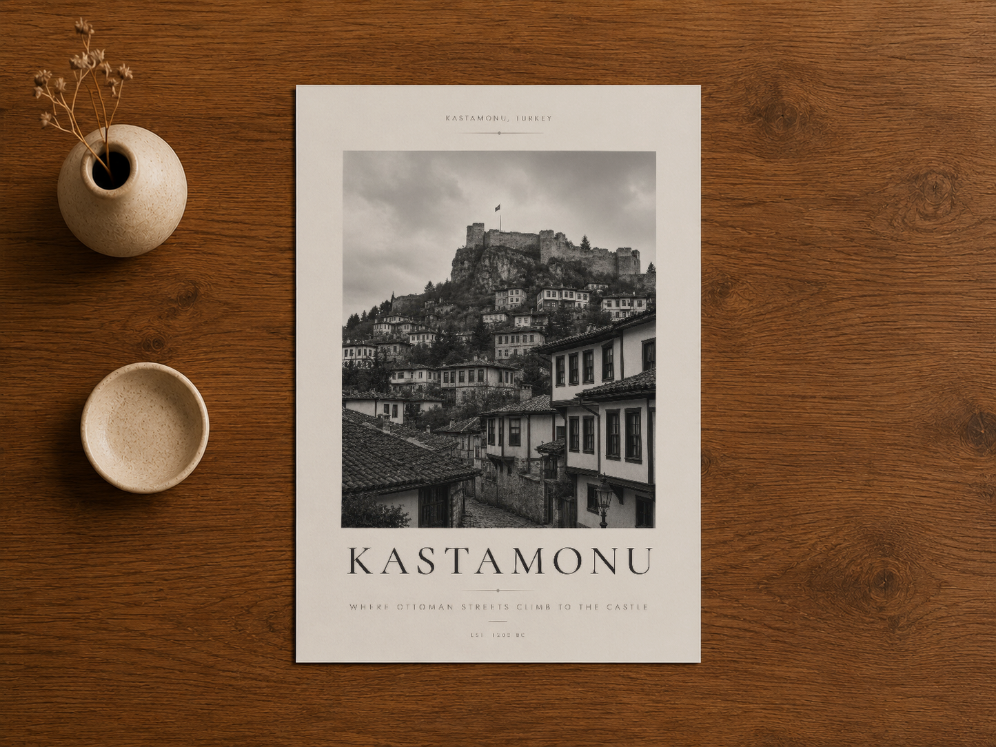 Kastamonu tasarımı duvar sanatı, doğal ahşap masa üzerinde seramik dekoratif objeler eşliğinde.