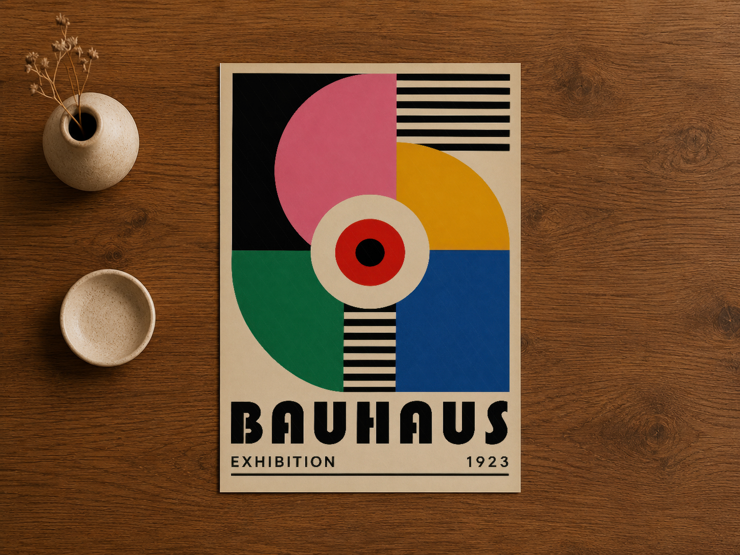 Simetrik renk blokları ve siyah çizgilerle oluşturulan Bauhaus sergisi tasarım tablosu, ikonik modernist poster.