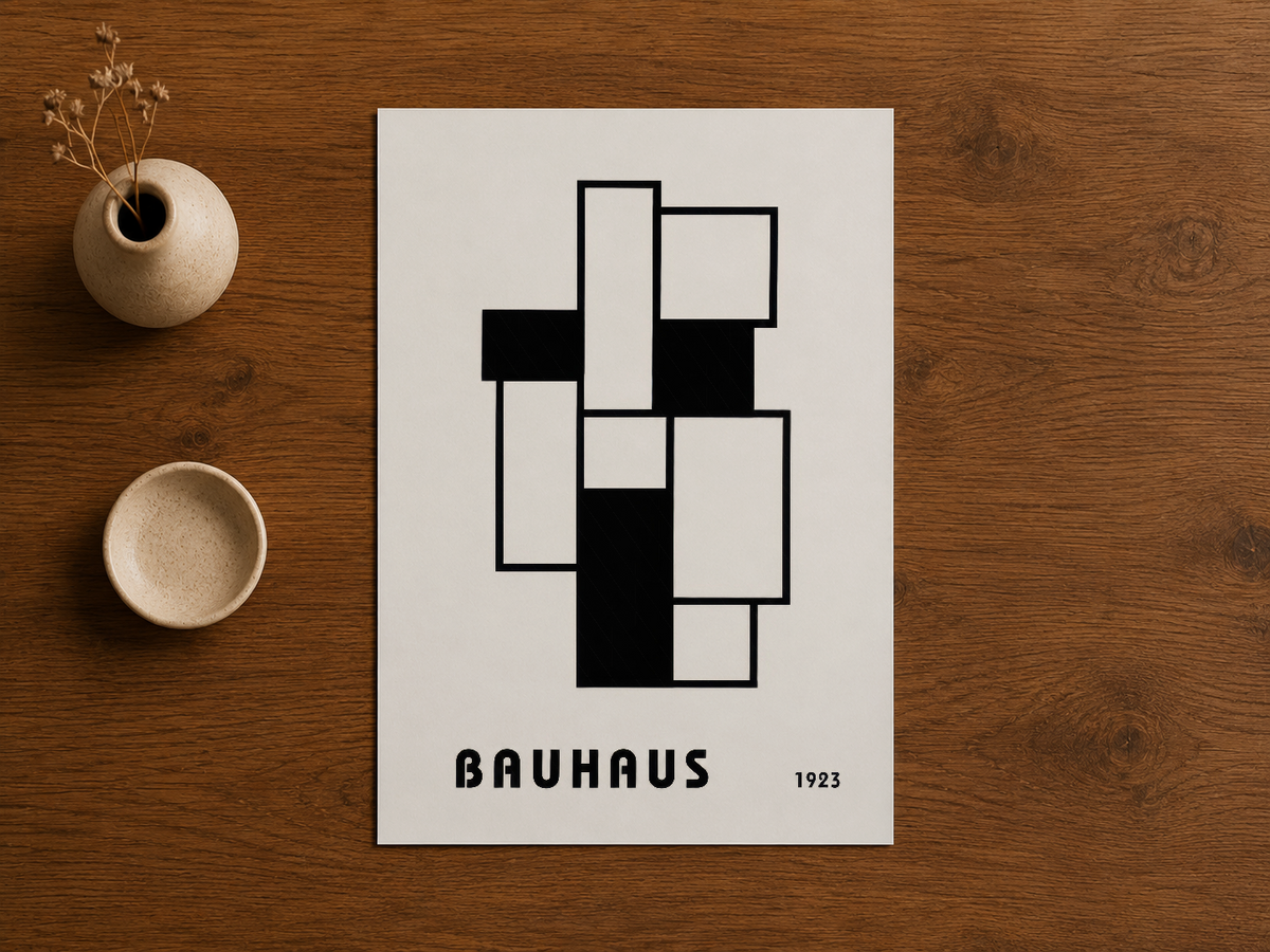 Bauhaus 1923 tasarımı siyah beyaz geometrik sanat tablosu, minimalist estetik.