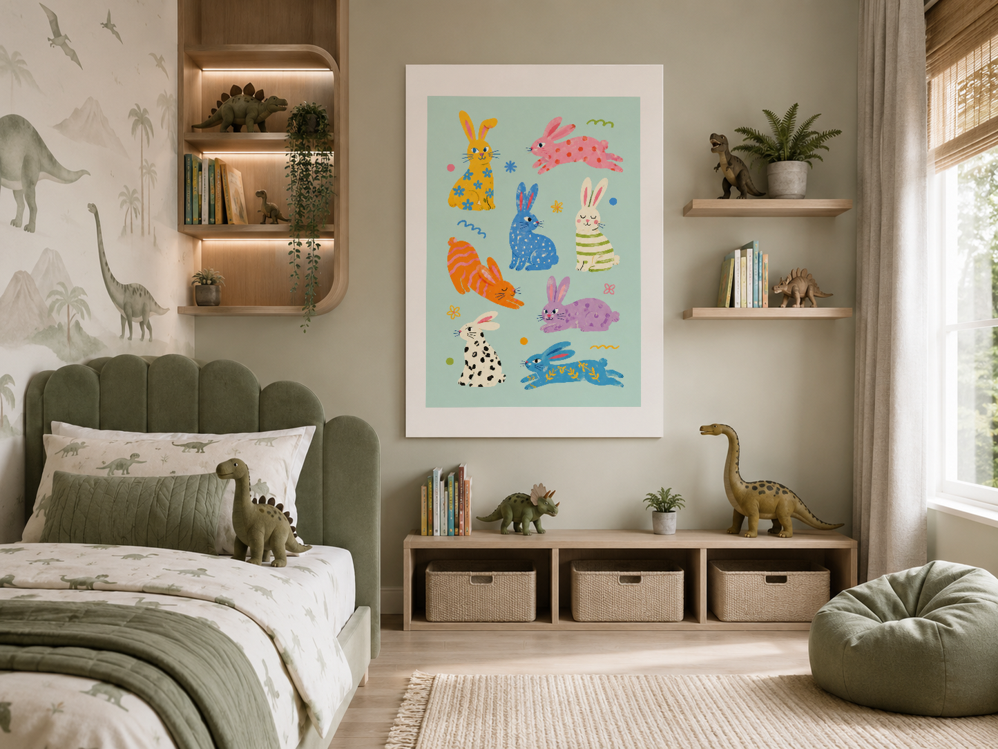 Dinozor temalı oda ortamında, renkli hayvan baskıları içeren poster modern çocuk yatak odasının merkez dekorasyon öğesi.