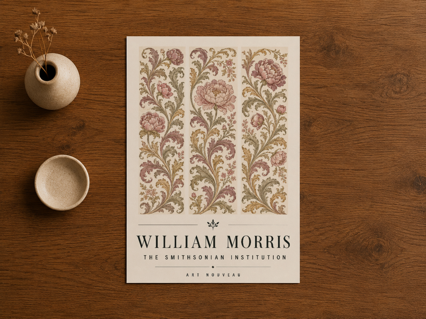 William Morris botanik baskı, ahşap masada sergilenen, sakin doğa temalı dekorasyon detayı.