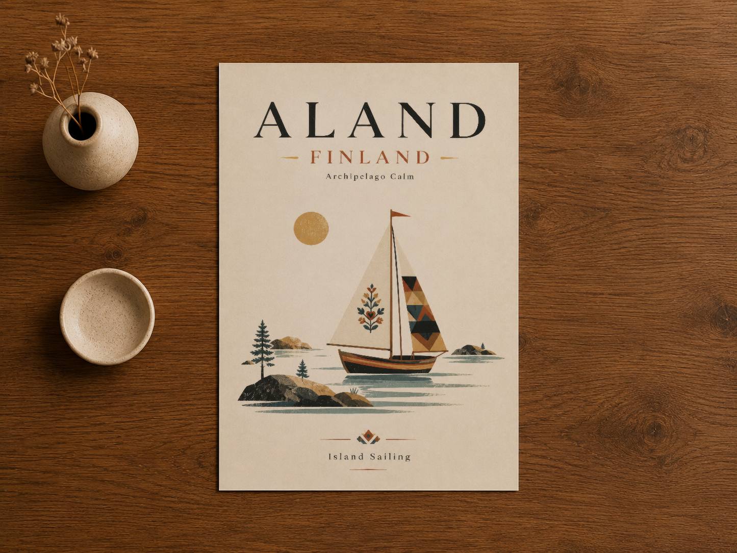 Aland Finland baskı, ahşap yelkenli motifi, doğal ahşap masa üzerinde gösteriliyor.