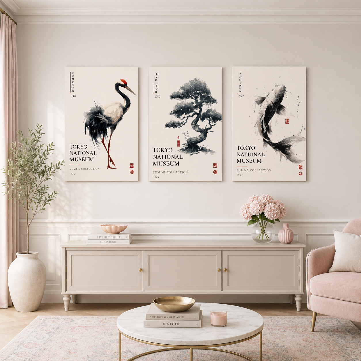 Klasik oturma odasında, Japon müzekullanarak yaratılan turna, bonsai ve balık motifli üç panel sanat eseri.