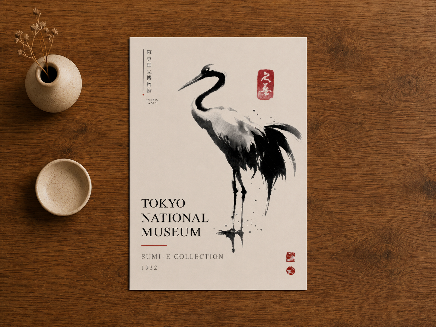 Japon mürekkep sanatının essansını yansıtan, turna figürü ile Tokyo National Museum tablosu.