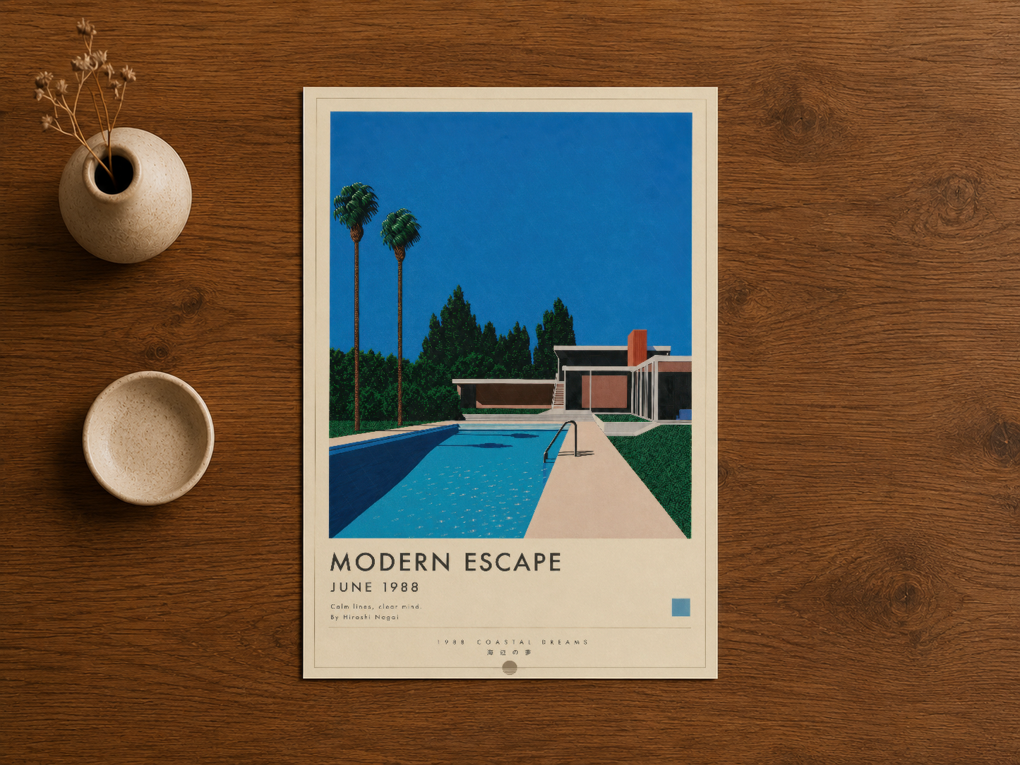 Retro mimariye sahip modern escape poster, beyaz çerçevede, ahşap masanın üzerinde sergileniyor.