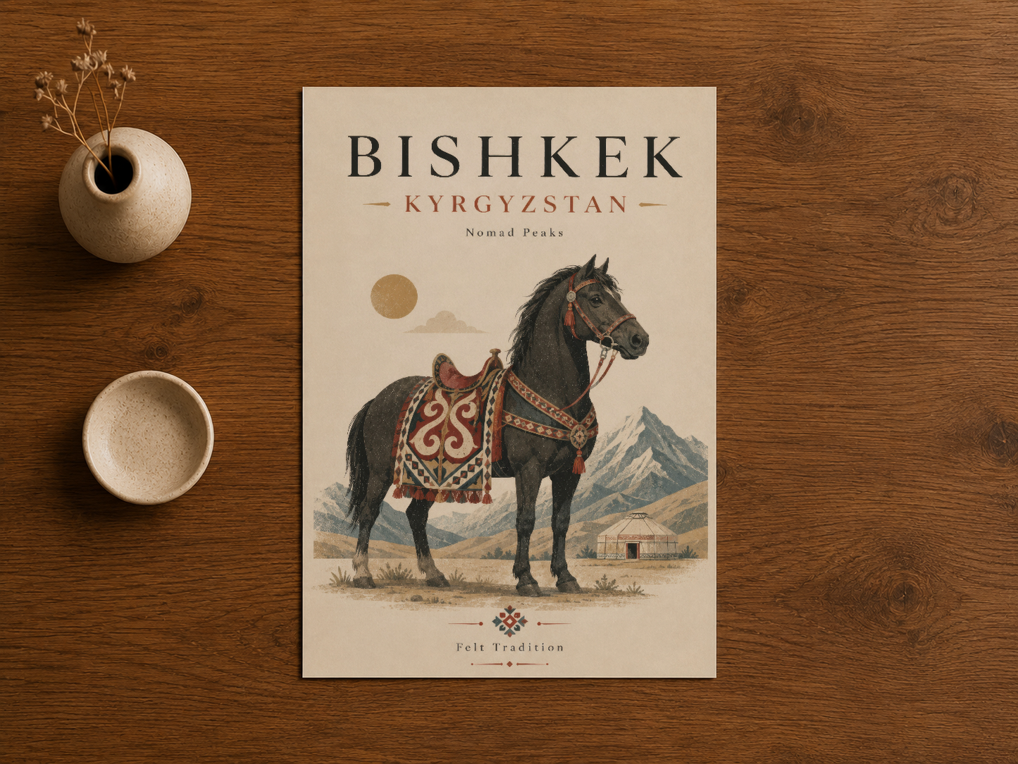 Bishkek Kırgızistan poster, ahşap masada seramik aksesuarlarla stillendirilmiş.