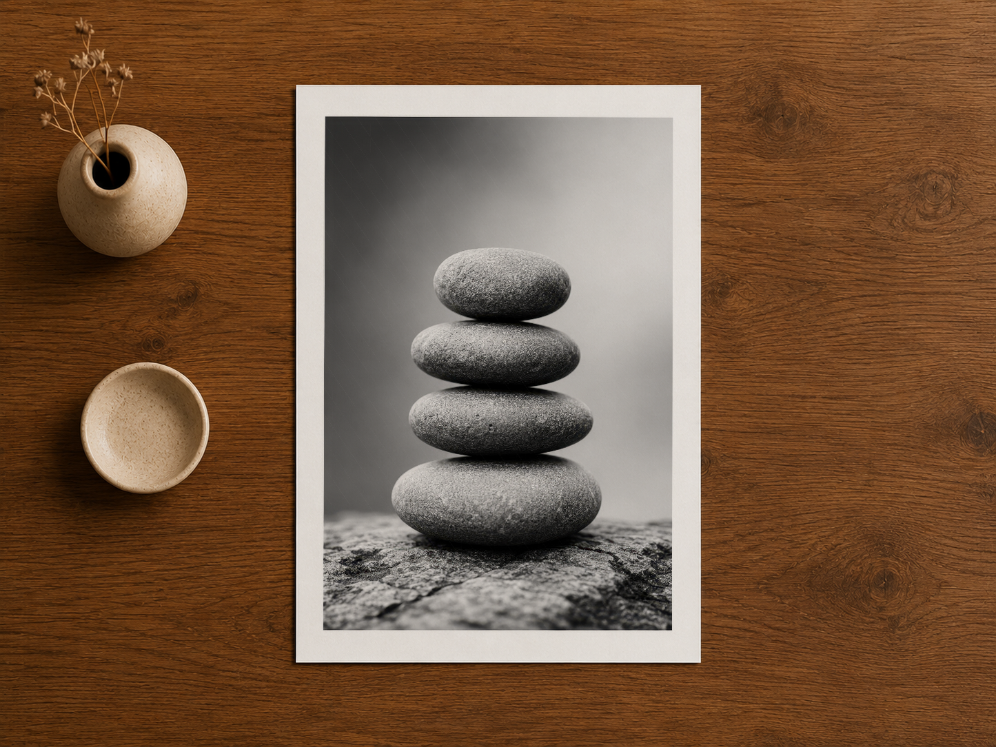 Stacked stone zen art print, ahşap masa üzerinde çerçeveli doğa ve denge teması tasvir
