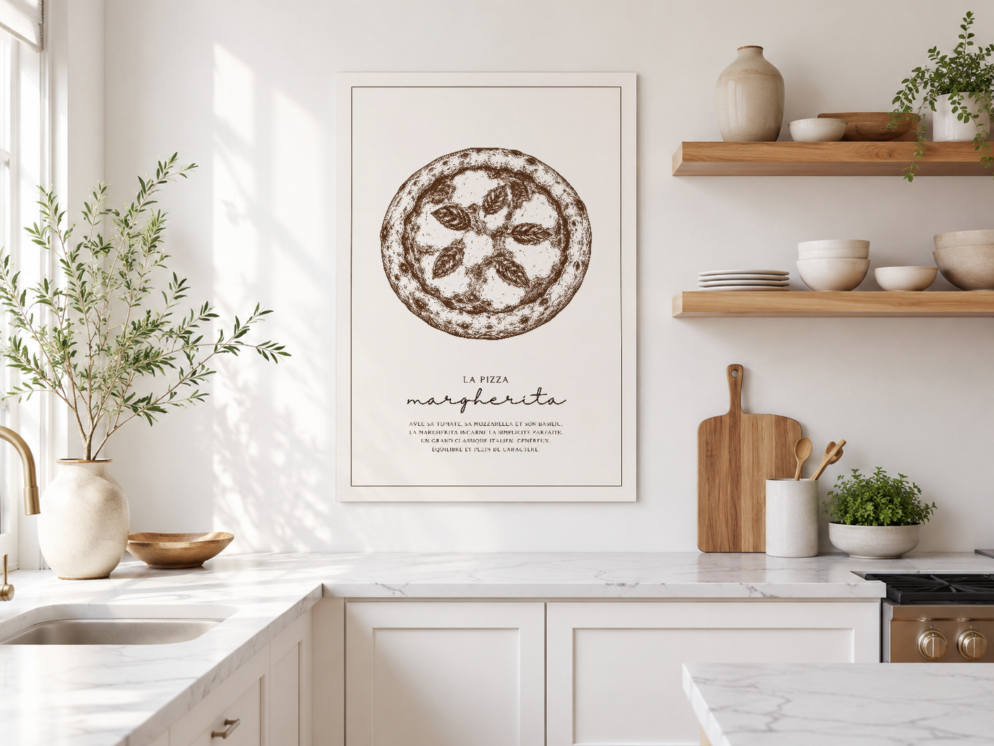Doğal ışınların altında seramik refilerde, minimalist mutfak duvarında pizza tasarım tablosu.