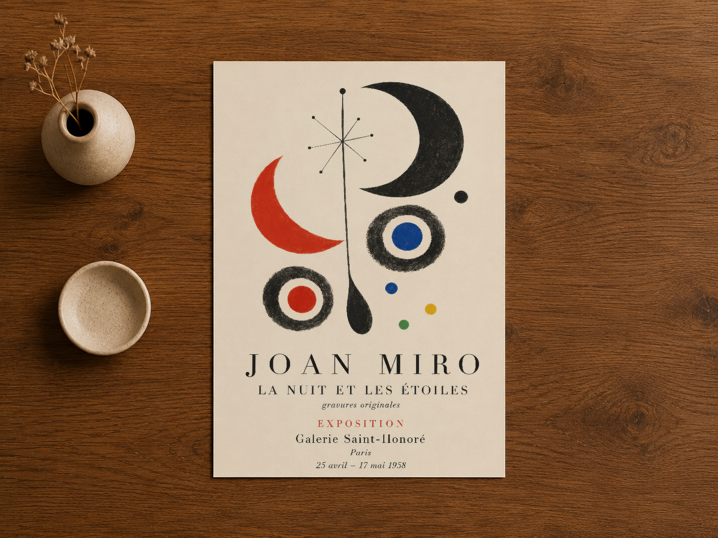 Joan Mirö La Nuit et les Étoiles sergi afişi, vintage stil ay ve yıldız tasarımıyla duvar dekorasyonu.