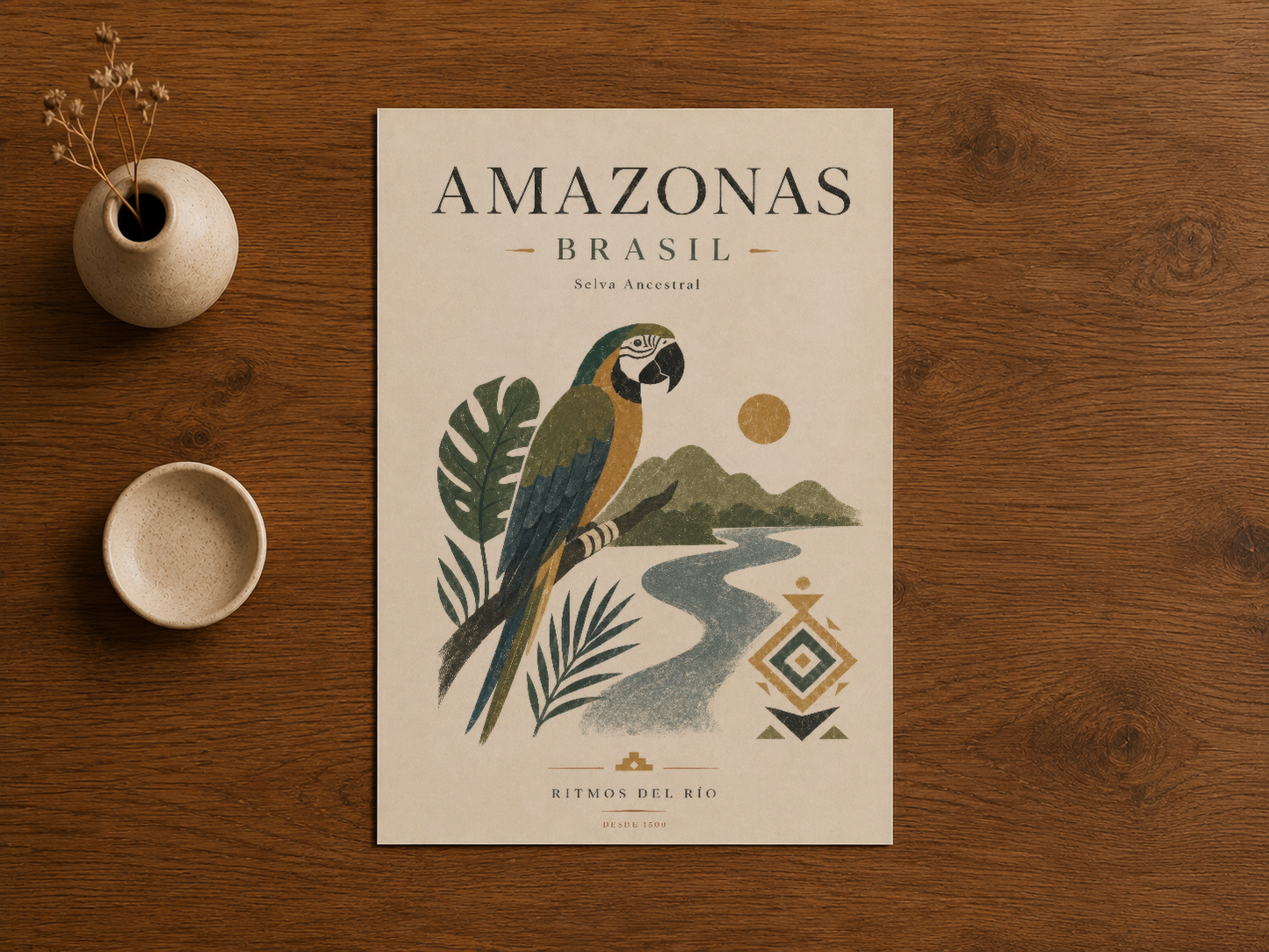 Amazonas Brasil posteri, ahşap zemin üzerinde, tüyler ve geometrik şekillerle dekoratif sanat.