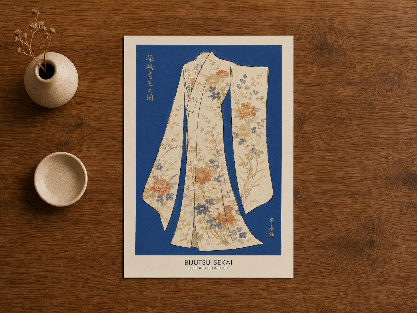 Çiçek desenli vintage kimono tablosu, Bijutsu Sekai koleksiyonundan sanat kalitesi poster baskı.