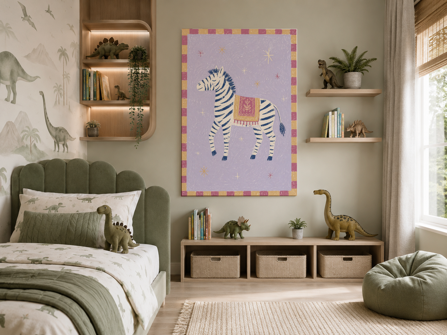 Canlı zebra karakteri ve renkli bordürü olan, dinazor temalı çocuk odasında gözle görülür poster.