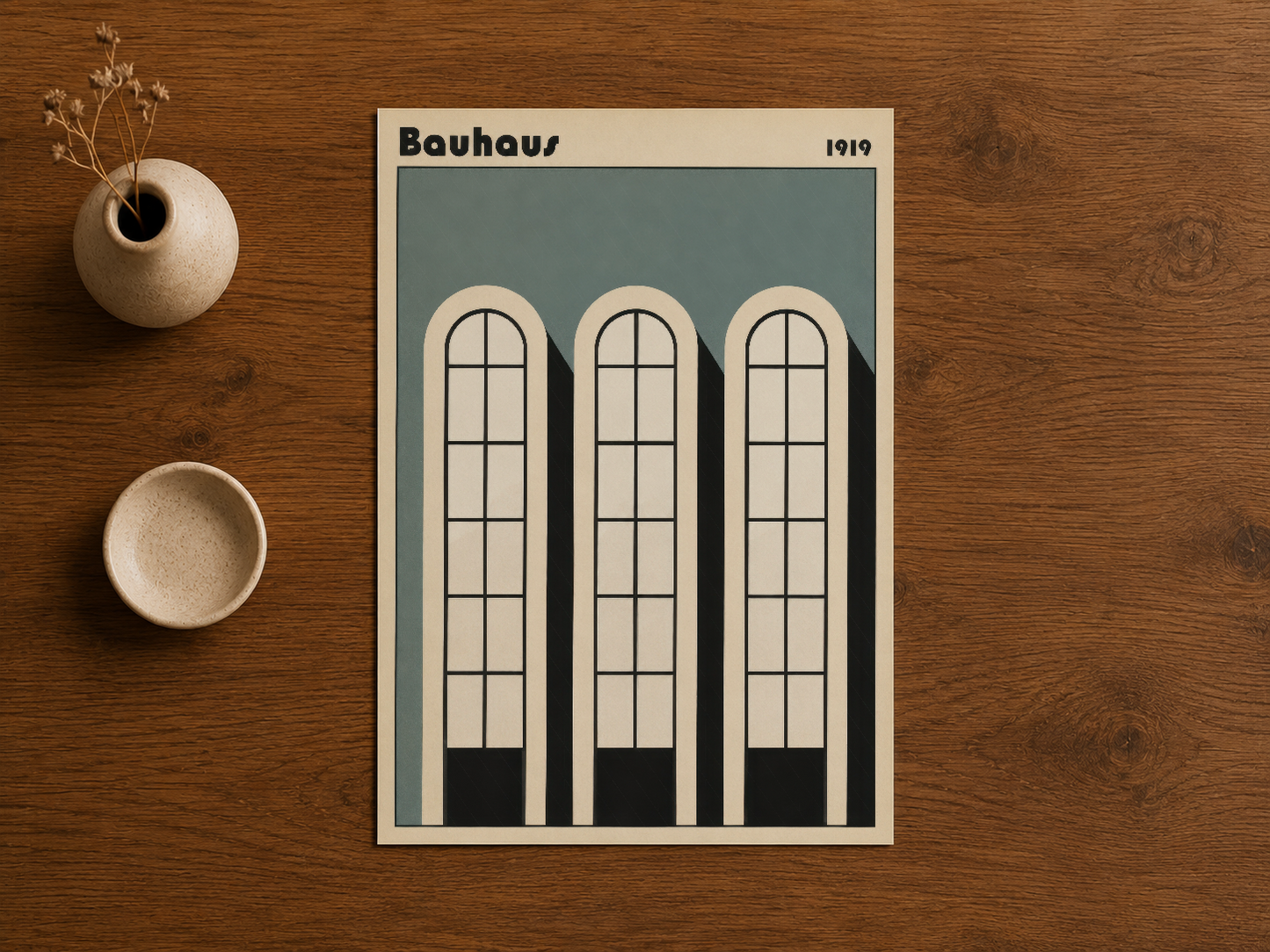 Geometrik Bauhaus poster, vintage endüstriyel estetik ile tasarlanmış dekorasyon.