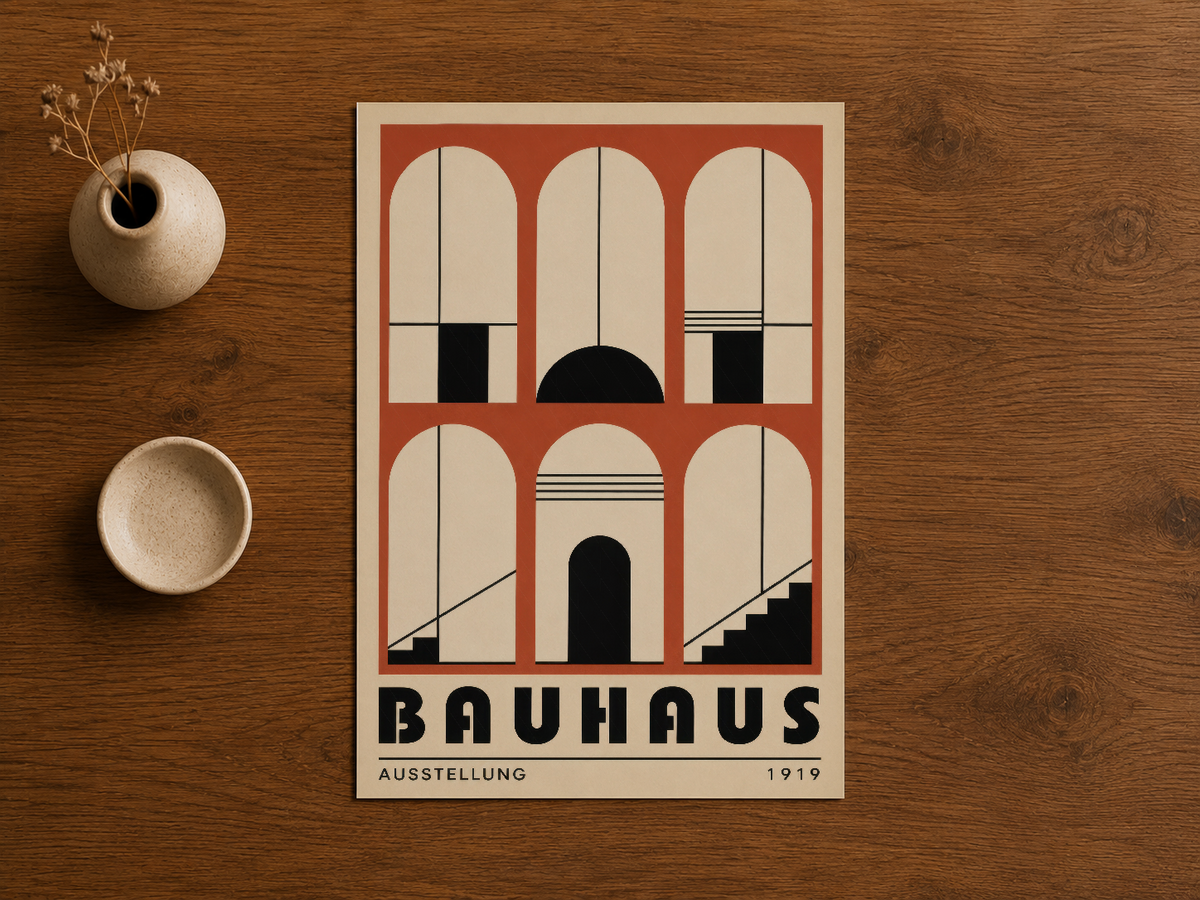 Vintage Bauhaus afişi, doğal ahşap masada seramik vazo ve fincan ile birlikte sergilenen geometrik tasarım tablosu.