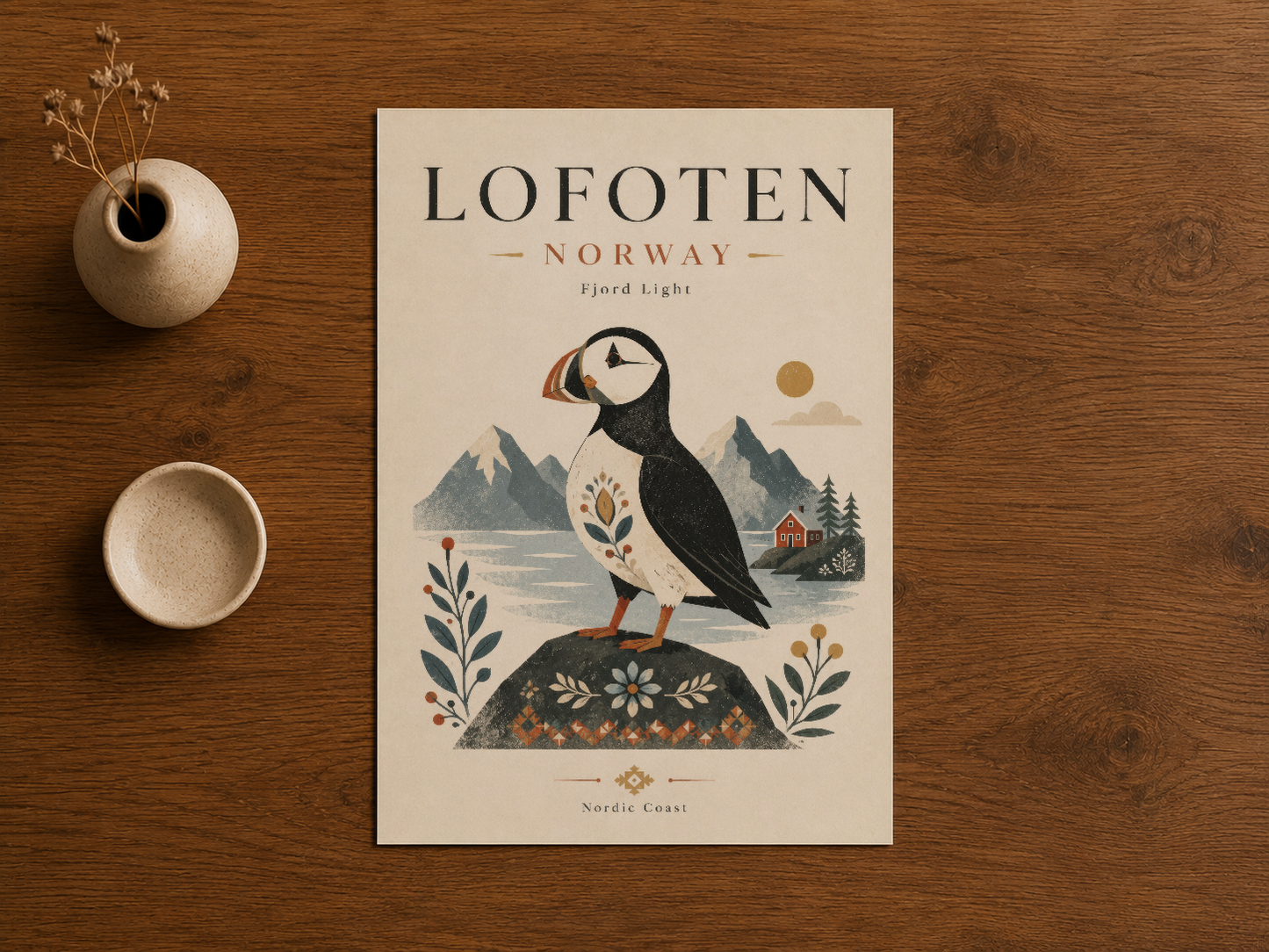 Lofoten Norveç poster baskısı, ahşap masada, puffin kuşu etrafında doğal bitki öğeleri ile minimaliste tasarlanmış.