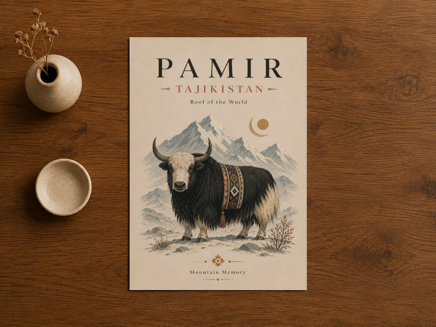 Pamir Tacikistan poster, ahşap masa üzerinde, kültürel yak motifi ve vintage estetik sunan dekorasyon.