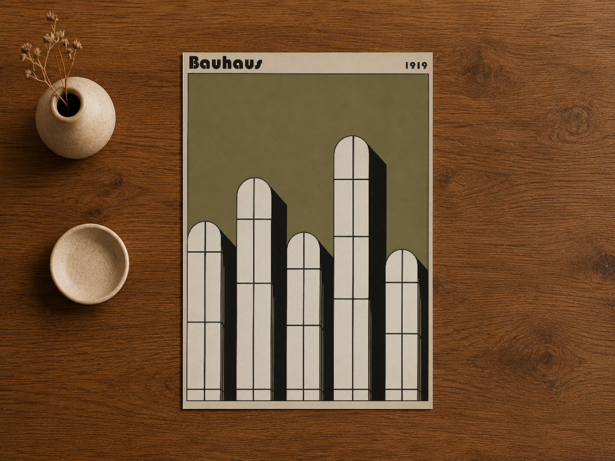 Bauhaus 1919 posteri, ahşap masa üzerinde seramik aksesuarlarla sanatsal bir kurgu.