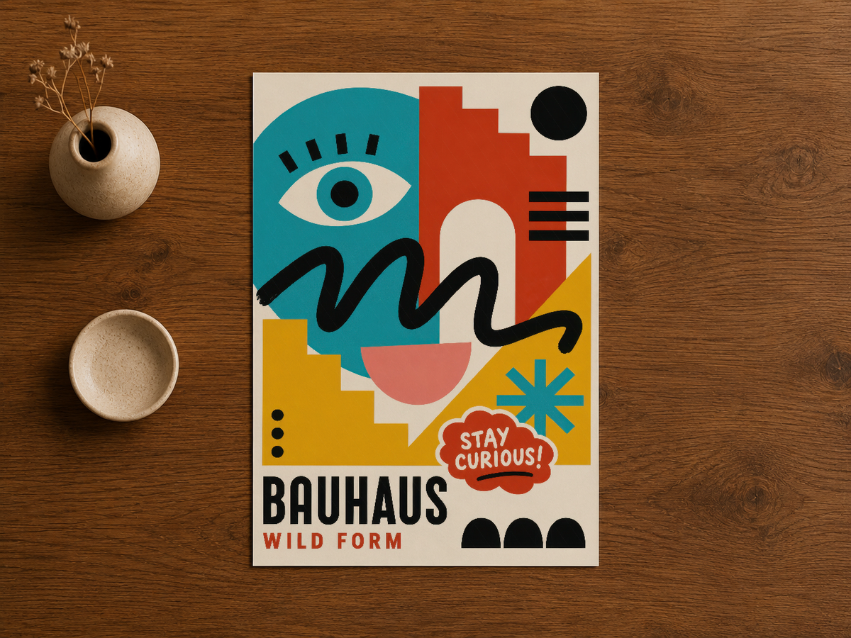 Bauhaus sanat baskısı, mavi, kırmızı, sarı tonlarında geometrik abstakt tasarım ve Stay Curious mottosu.