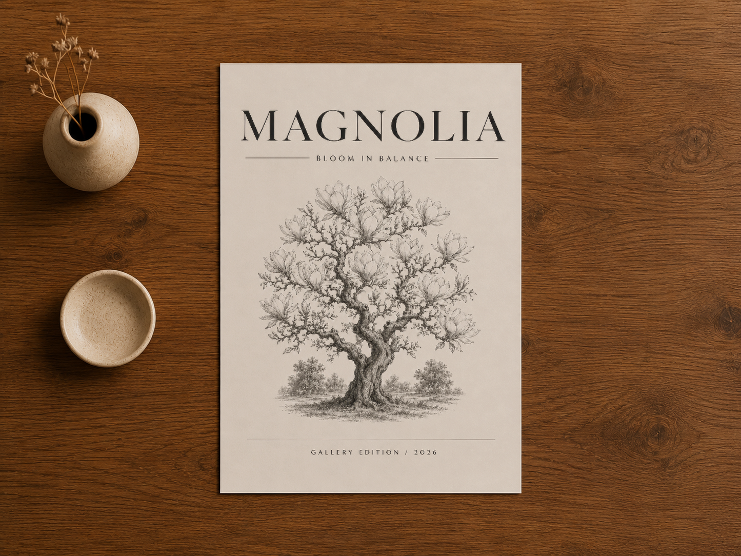 Ahşap yüzey üzerinde, detaylı gravür tarzında çiçekli Magnolia ağacı görselinin yer aldığı sanat baskısı.