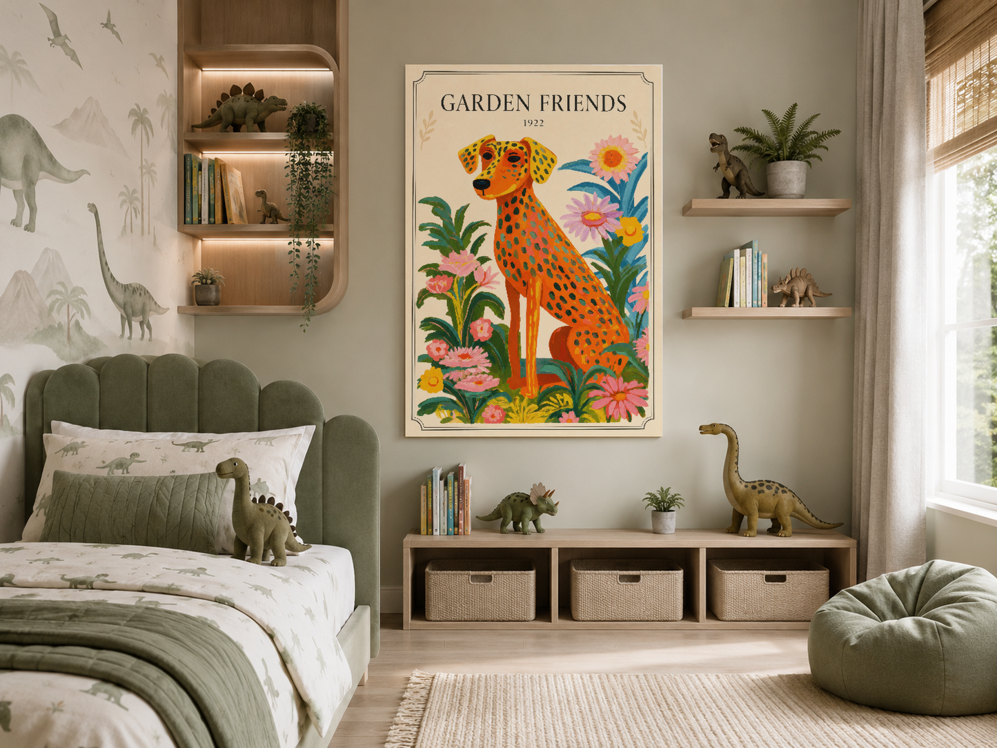 1922 Garden Friends tablosu, yeşil başlıklı yatak odası duvarında, retro botanik tarzında.