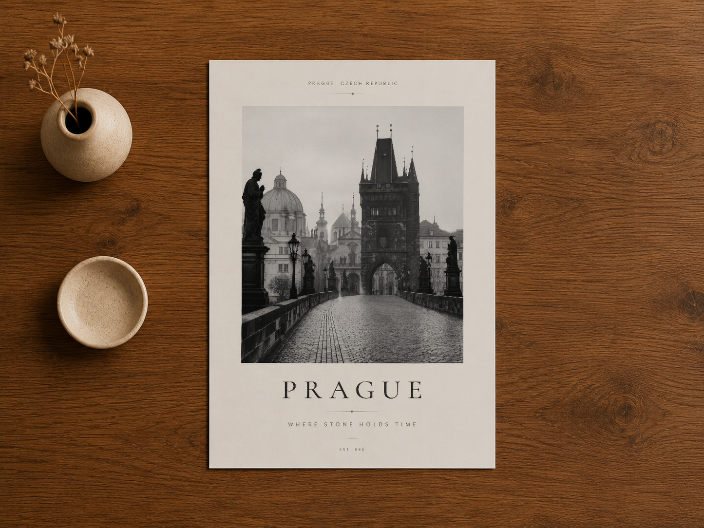 Prag ikonunu gösteren minimalist poster, ahşap masa üstünde seramik vazolarla birlikte sergileniyor.