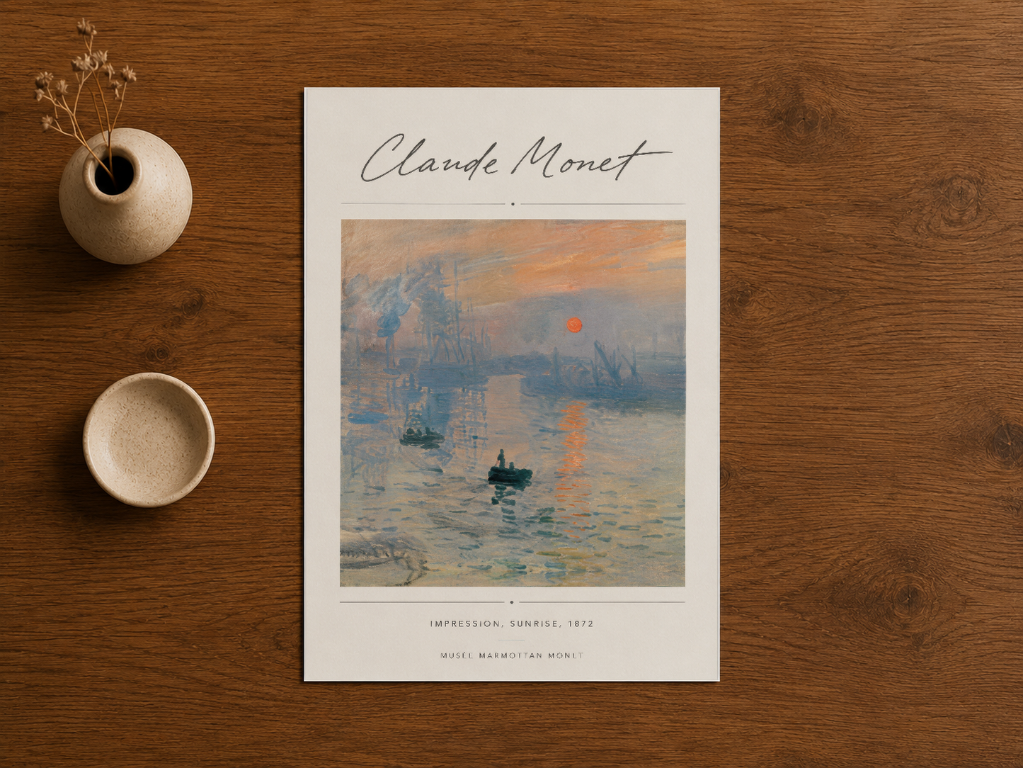 Monet'nin meşhur gündoğum sahnesinin zarif poster baskısı, sanat koleksiyonu için.