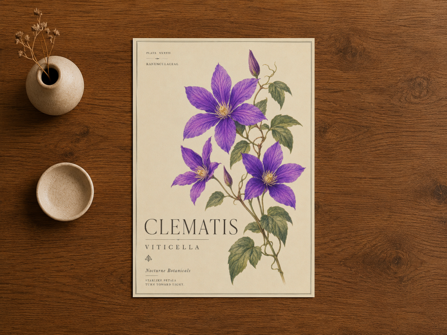 Clematis çiçek baskısı, ahşap masada sergilenen klasik botanik sanat tablosu.