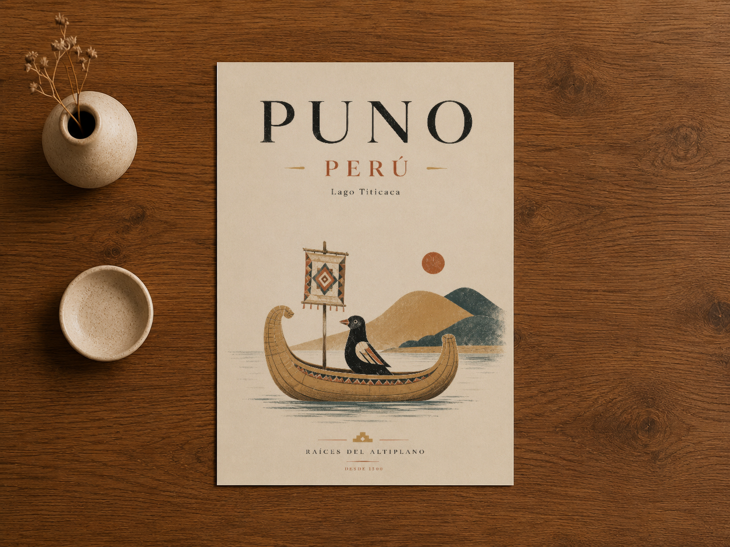 Puno Peru posteri, ahşap masa üzerinde, nostalaljik andean kültür ve gölün mirasını kutlayan yer altı oyması tarzı tasarım