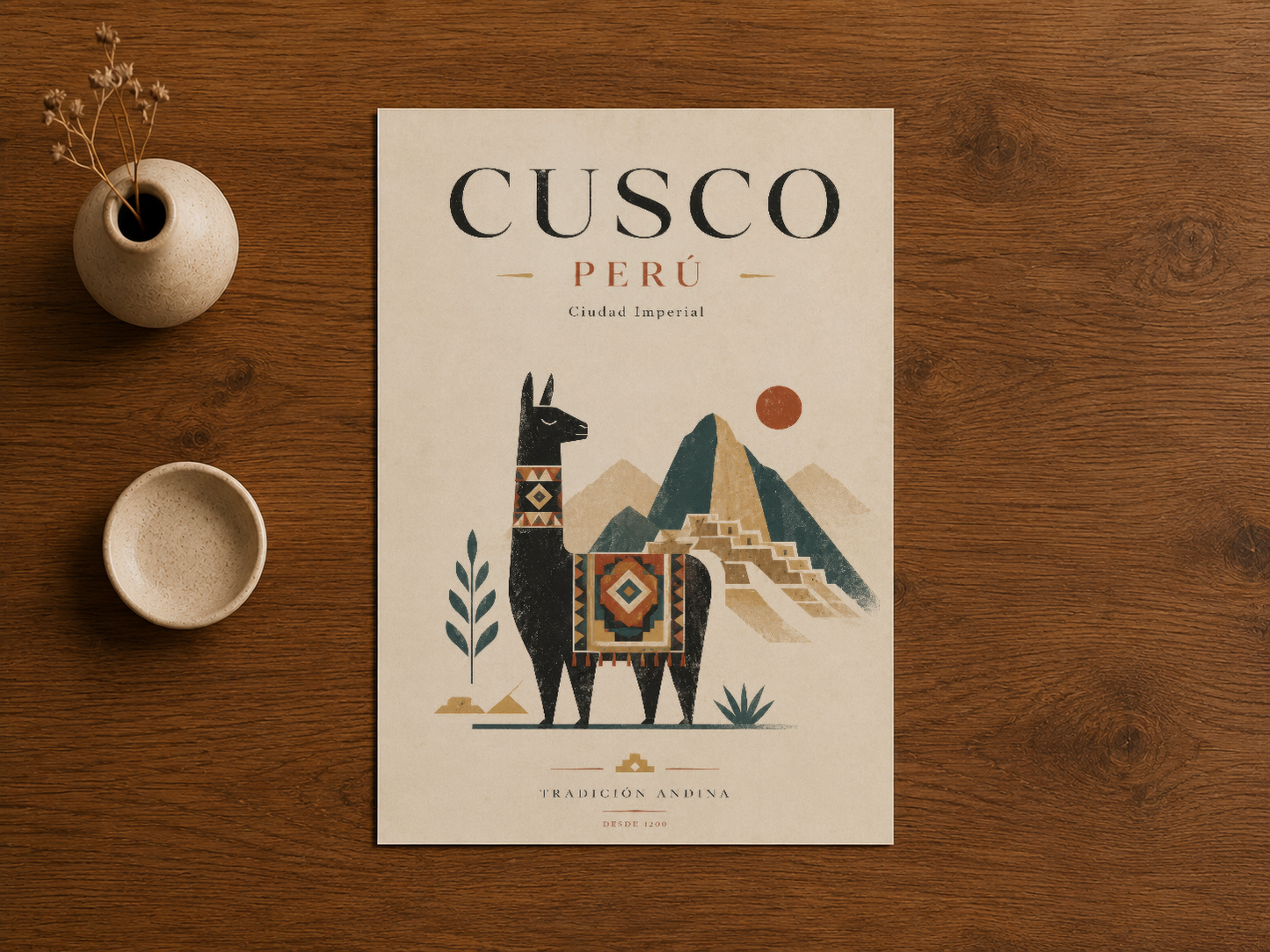 Cusco Perú poster, sıcak toprak tonları ve sembolik lama figürüyle minimal ev dekorasyonuna zarif ekleme.