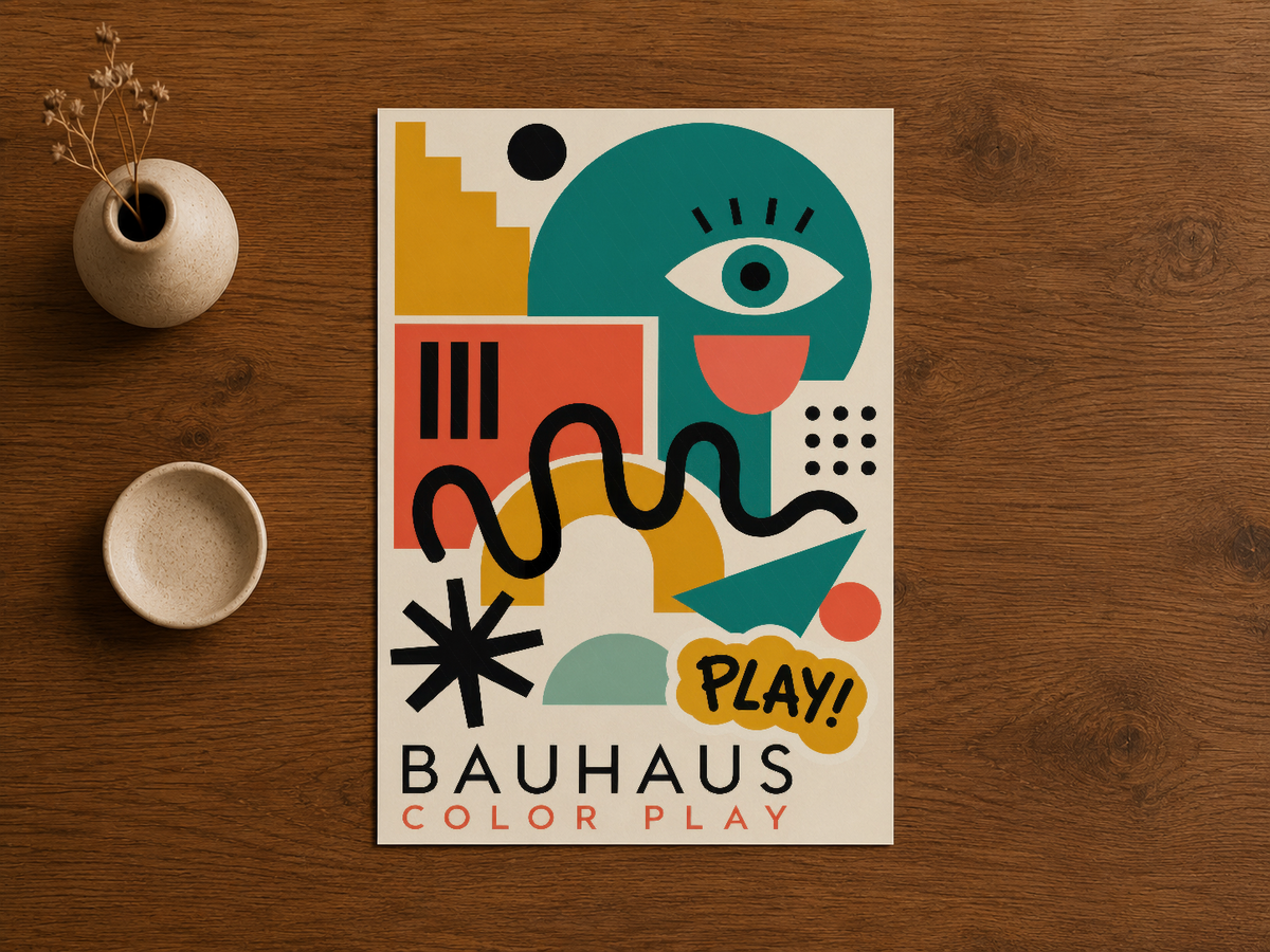 Bauhaus Color Play baskısı, ahşap masada sergilenen sanat eserinin detaylı ve profesyonel sunuşunu gösteriyor.