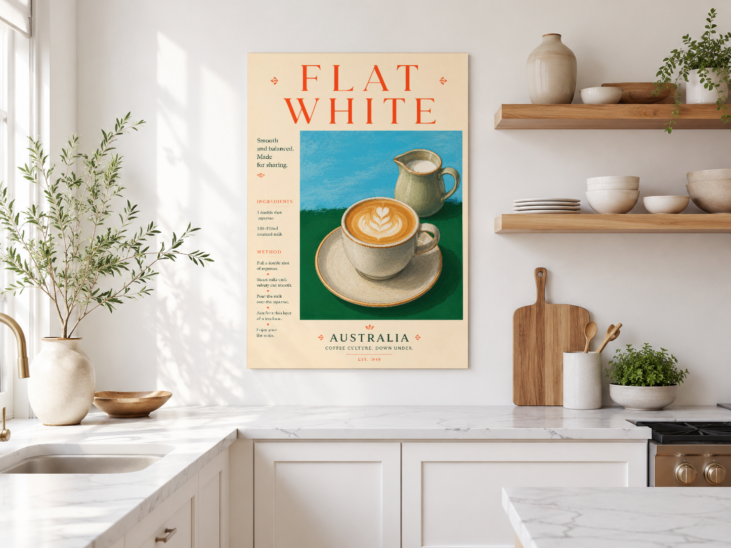 Ahşap aksanlı mutfakta Flat White kahve posteri, doğal ışıklı duvar dekorasyonu