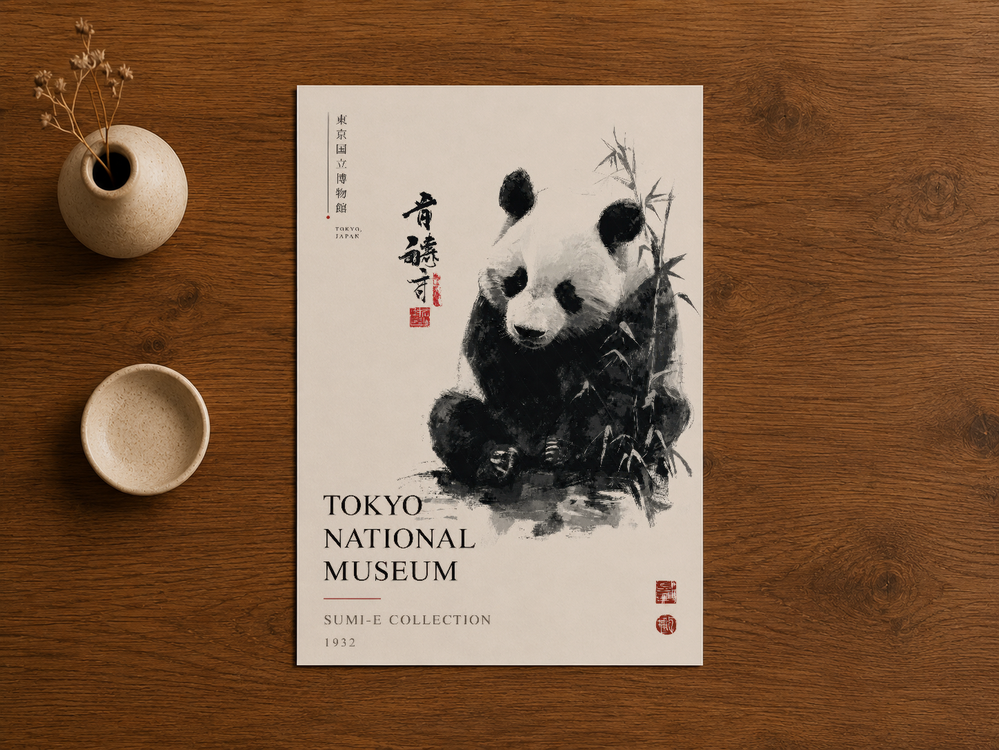 Sumi-e tekniğiyle çizilmiş panda portresi, Tokyo Müzesi koleksiyonu çerçevesinden ilham alan siyah beyaz tablö baskısı.