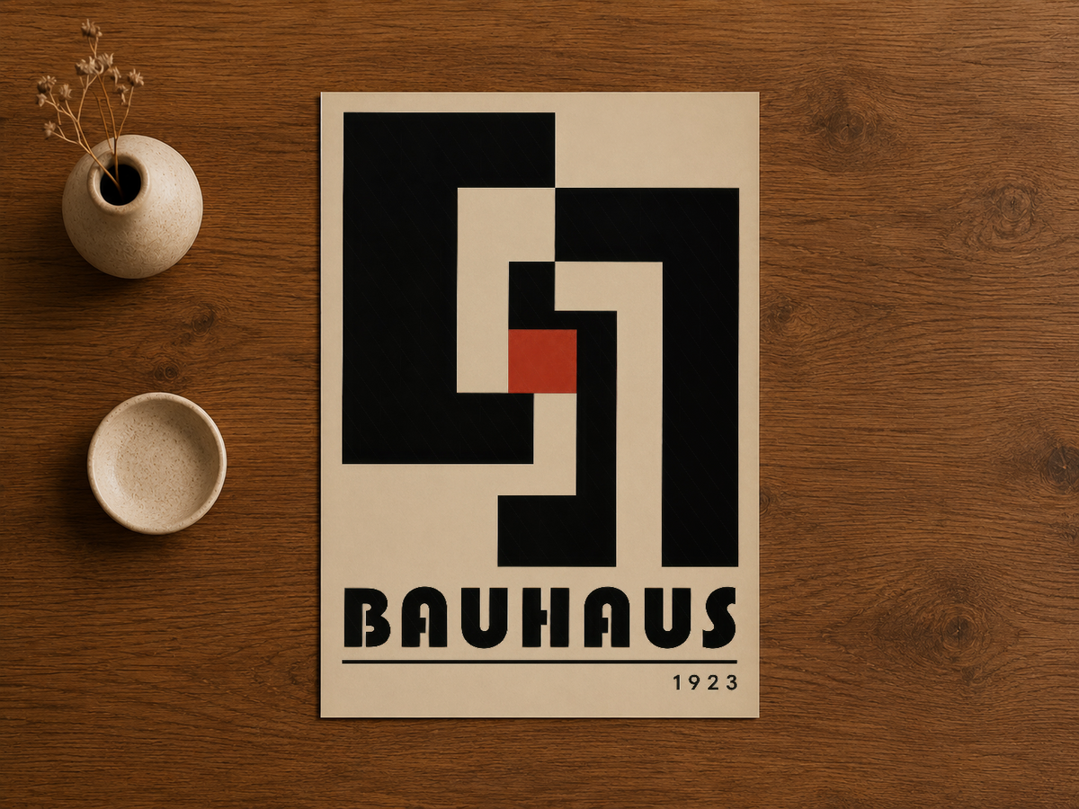 Bauhaus 1923 posterı, ahşap zemin üzerinde siyah-beyaz kontrast ve kırmızı renk detayı vurgulayan tasarım.