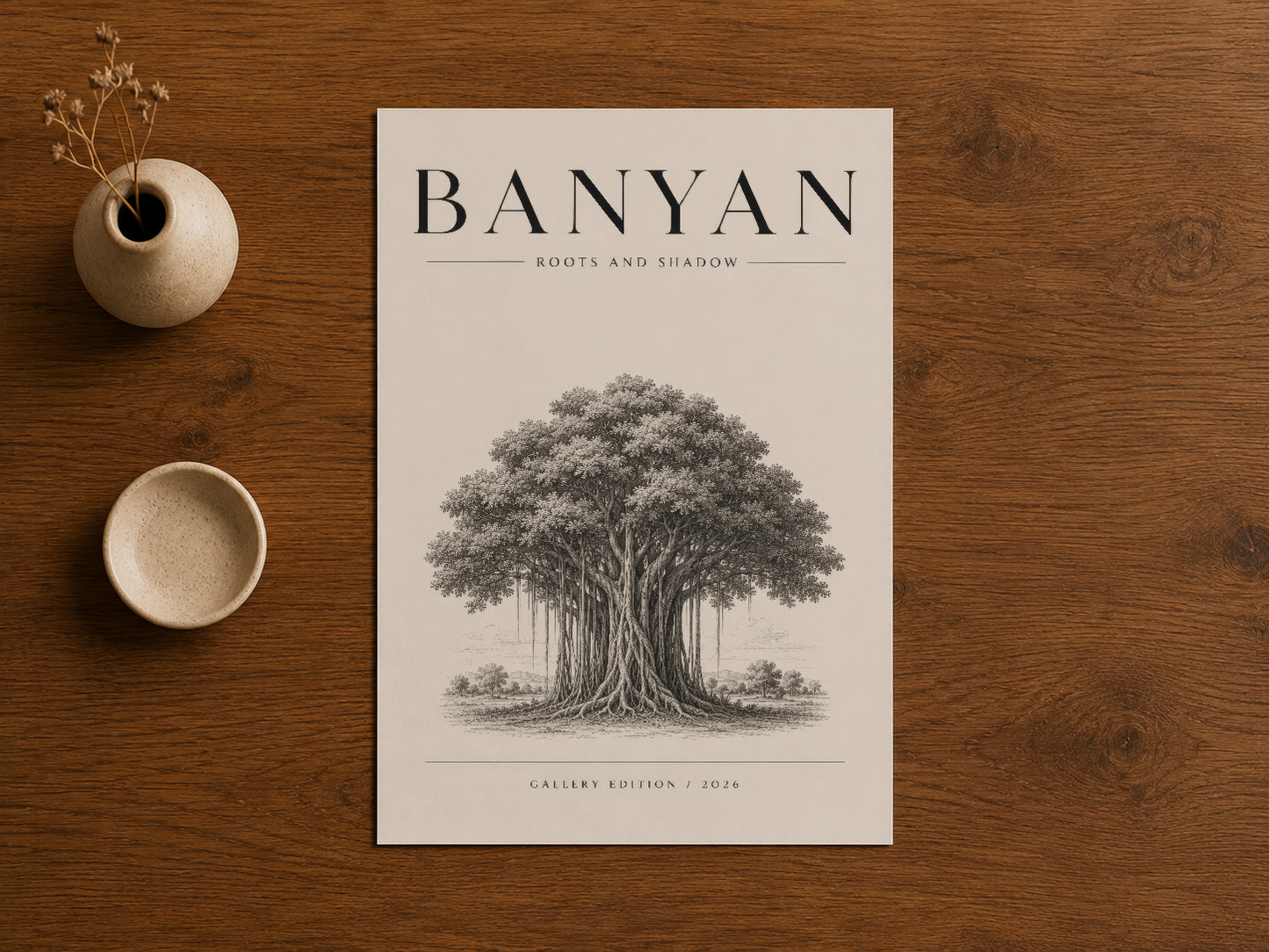 Banyan botanik posteri, ahşap masa üzerinde, ince detaylı kök ve gölgelendirme ile oluşturulmuş sanat baskısı.
