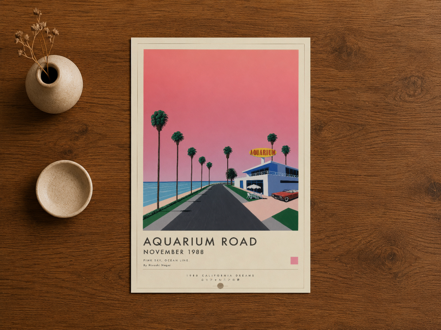 Aquarium Road vintage tablosu, 1988 tarihli retro stil çizim, diner ve palm tree detaylı sanat baskısı.