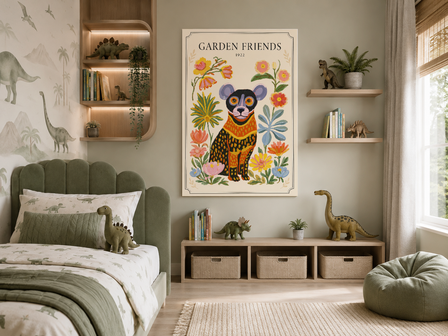 Krem ve yeşil tonlarındaki vintage odasında, 1922 tarihli Garden Friends duvar tablosu.