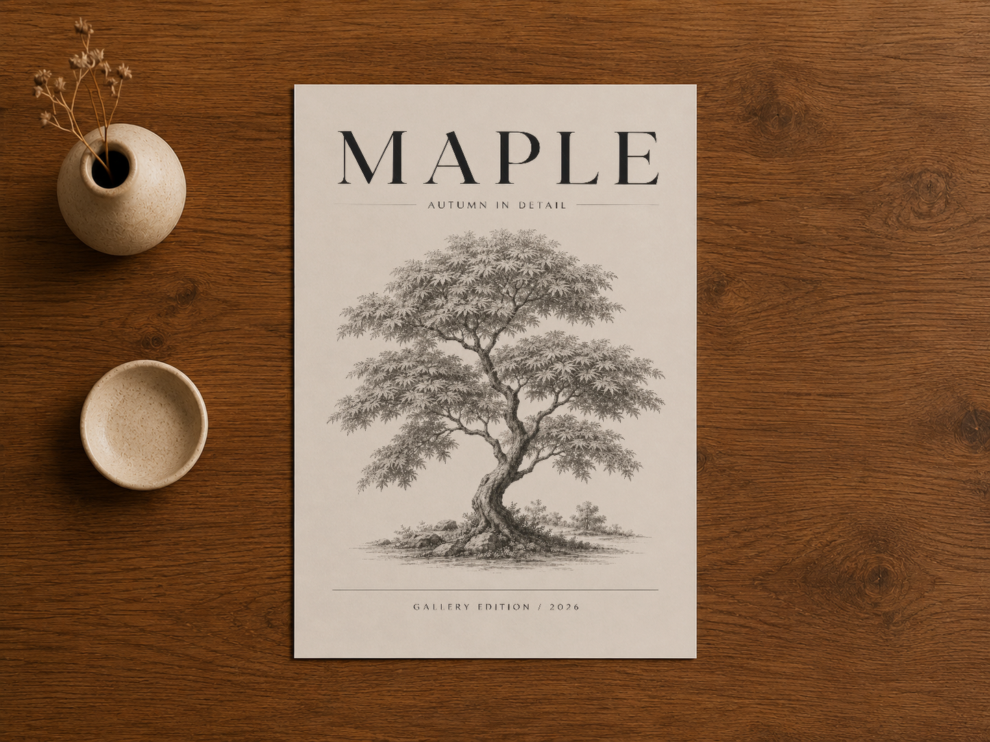 Ahşap zeminle çevrelenmiş Maple ağacı tasarımlı poster, botanik tarzda sanat koleksiyonu.