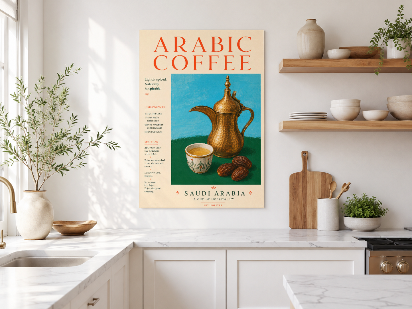 Minimaliste tasarımlı Arabic Coffee posteri, doğal ışıkta çıkan canlı renkler ve vintage estetik.