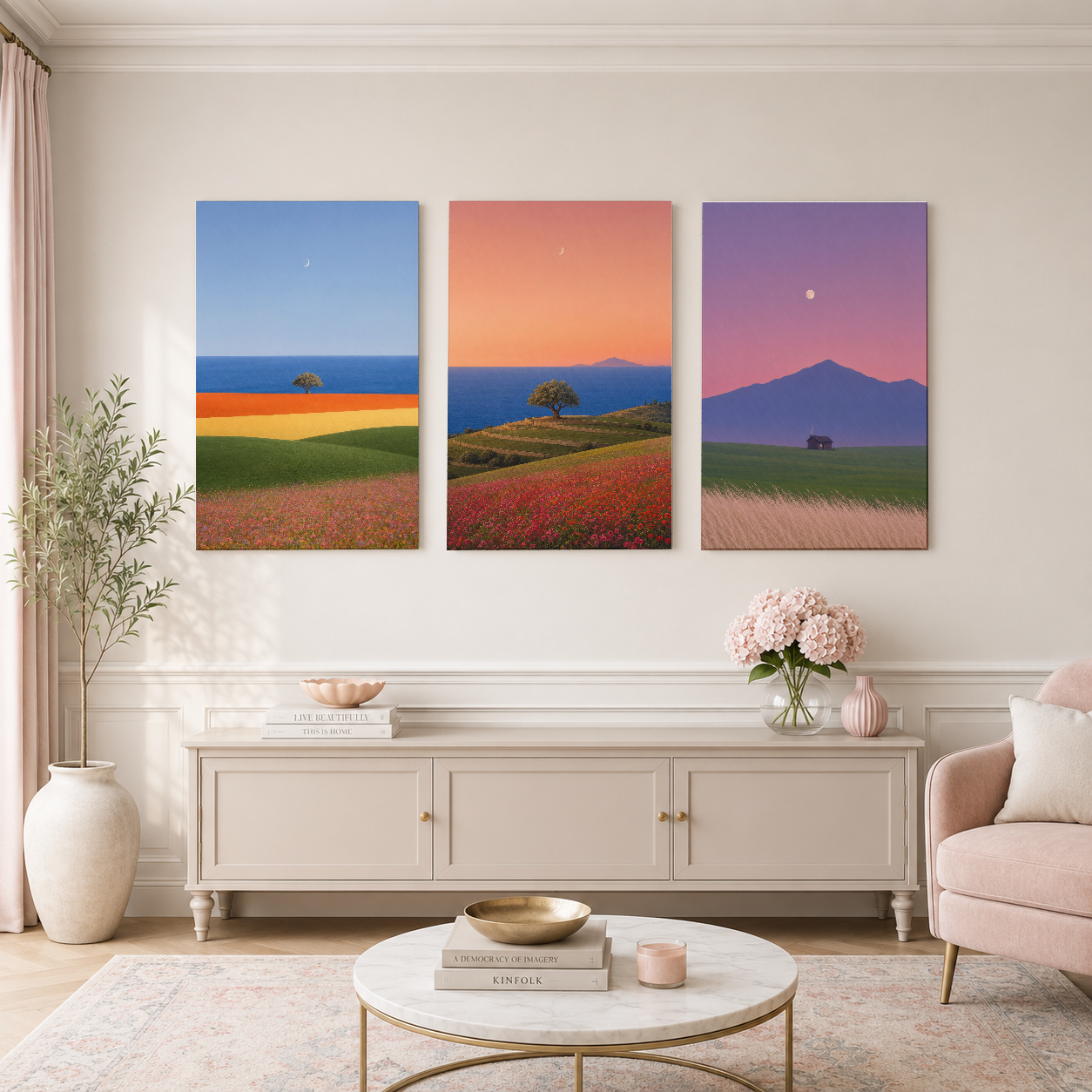 Çiçek tarlası ve gökyüzü temalı üç panel sanat eseri, şık oturma odasının konsolun üstüne yerleştirilmiştir.