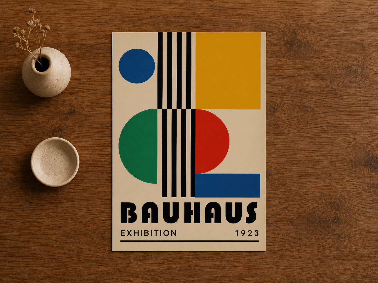 1923 Bauhaus sergisi posterinin sanatsal tasarımı, canlı renkler ve simetrik geometrik kompozisyon.