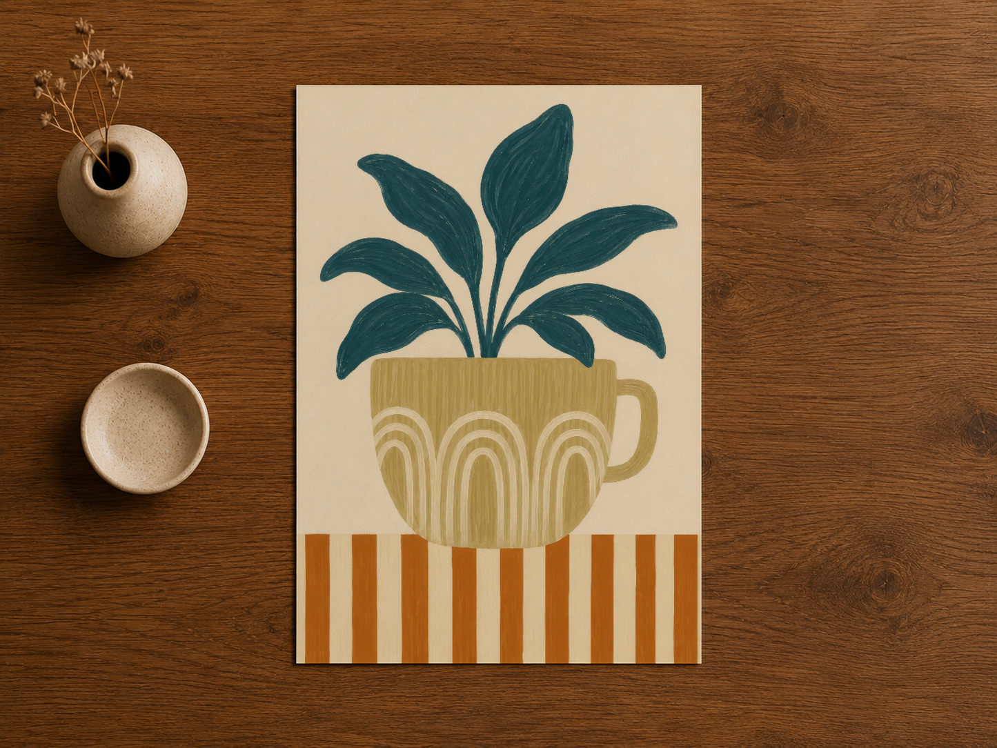 Ahşap masada sergilenen, geometrik oranlarla tasarlanmış minimalist bitki posteri baskısı.